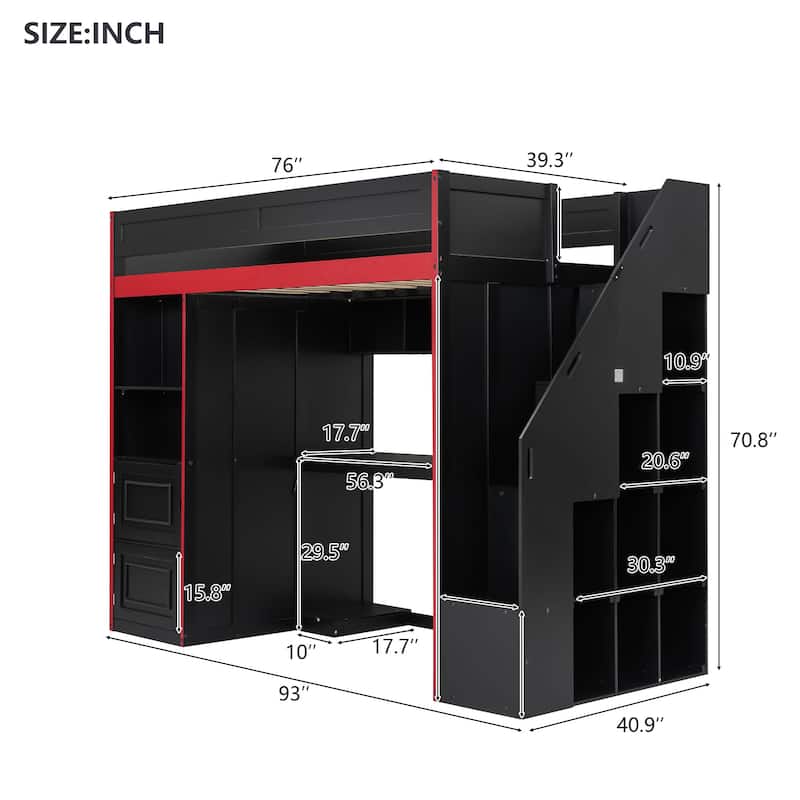 GDFStudio - Wooden Loft Bed with LED Desk, USB Ports and Dual Storage Drawers