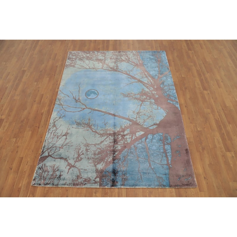 Hand Knotted Oriental Viscose Silk Carpet Modern Pictorial Navy Blue & Blues Abstract Area Rug - 7' 10'' X 5' 8''