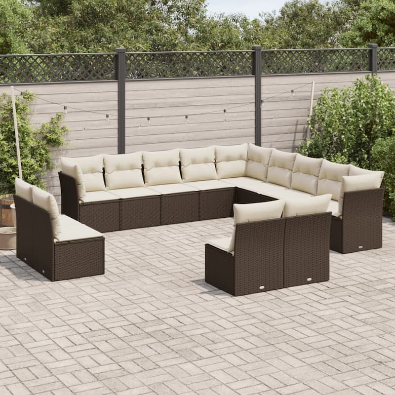 vidaXL Patio Sofa Set with Cushions Outdoor Furniture 14 Piece Poly Rattan - Brown and cream - 24.4 x 24.4 x 27.2