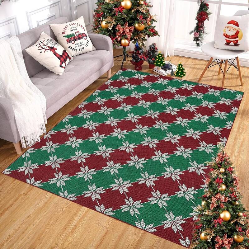 GustoWave Christmas Geometric Throw Area Rugs, Non Slip Machine Washable, Green+Red - 1'6" x 2'6" - Multi 5*7ft