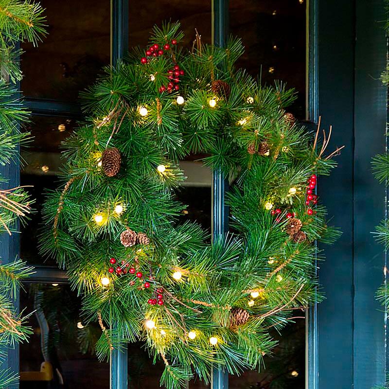 30 in. Indoor/Outdoor Blue Ridge Wreath with Battery-Operated Dual-Function Lights - 30 in
