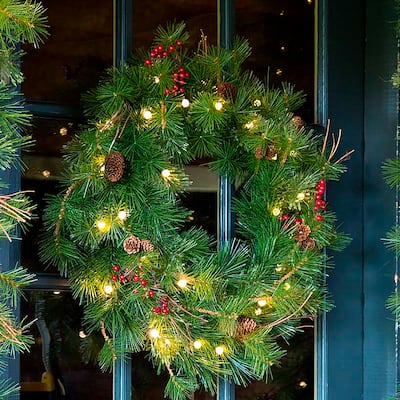 30 in. Indoor/Outdoor Blue Ridge Wreath with Battery-Operated Dual-Function Lights - 30 in