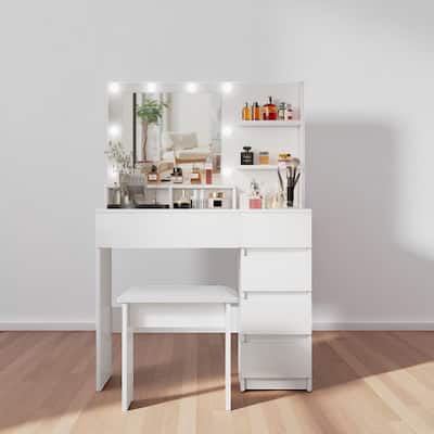 White Vanity Desk Set with LED Mirror, USB Outlets, Adjustable Brightness, Storage Shelves & Cushioned Stool