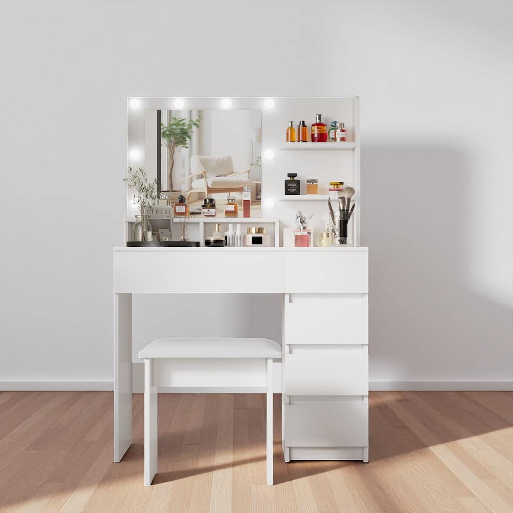 White Vanity Desk Set with LED Mirror, USB Outlets, Adjustable Brightness, Storage Shelves & Cushioned Stool