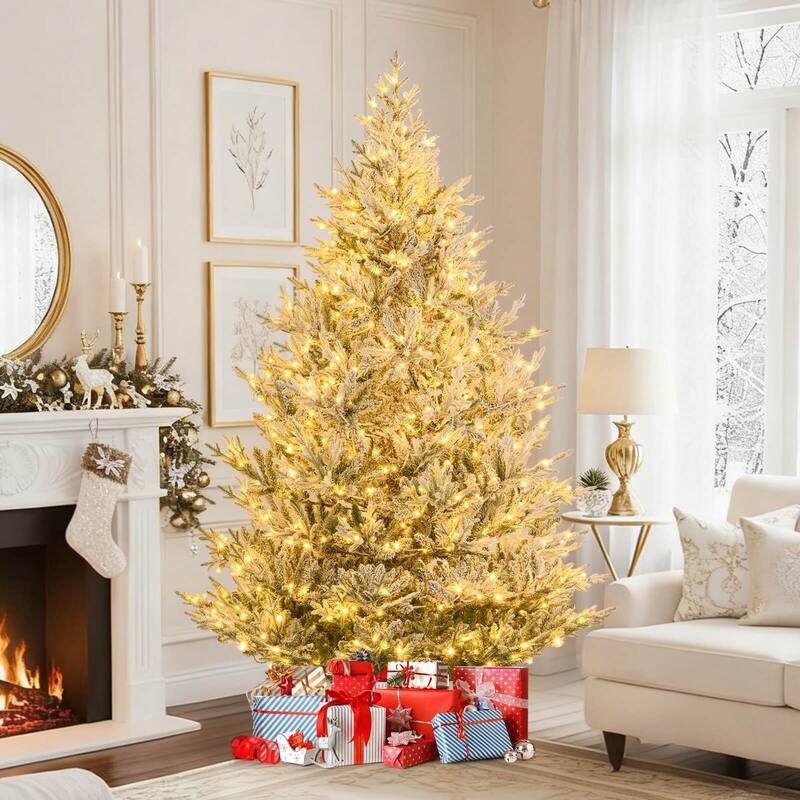 Costway 6/7/8 FT Artificial Christmas Tree with 762/1074/1470 Flocked - See Details - White & Green