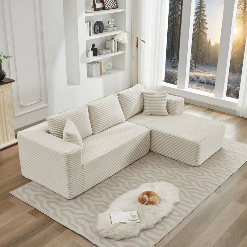 Modular Sectional Sofa with L-Shape Chaise, Oversized Corduroy Upholstered Cloud Sofa, Deep Seat Sofa with 2 Throw Pillows