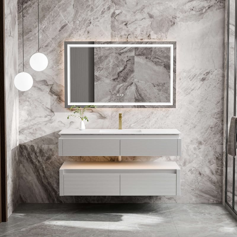 Modland 48" Modern Wall-Mounted Single Sink Bathroom Vanity with Engineered Stone Countertop,Soft-Close Drawers - White