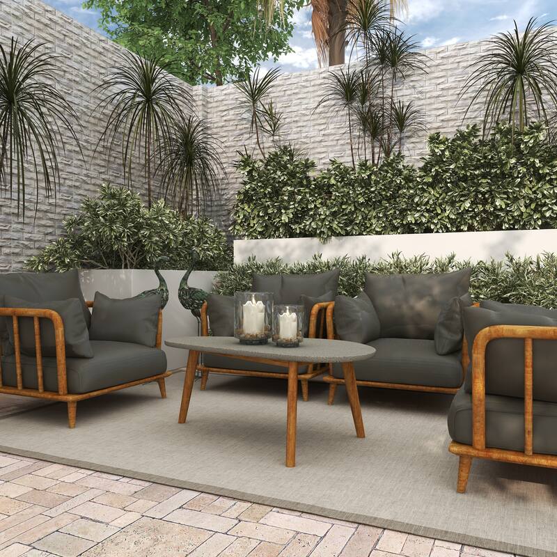 Gray Concrete Inspired Oval End Table Outdoor Accent Table with Brown Tapered Wood Legs