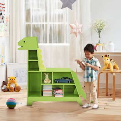 Teamson Kids Dinosaur Shaped Bookcase / Toy Organizer with Assorted Cubbies