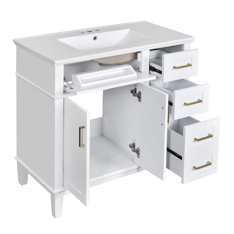 36" White Modern Bathroom Vanity with Ceramic Sink, Soft Close Doors, 4 Drawers for Storage, Elegant Design