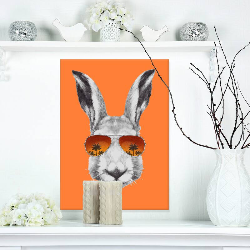 Designart "Funny Rabbit with Sunglasses" Animal Canvas Art Print - 12 in. wide x 20 in. high