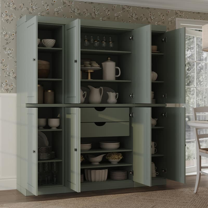 Palace Imports 100% Solid Wood Kitchen China Cabinet Pantry with Glass or Solid Wood Doors and 2-Drawer Kit - 65" x 71.5" - Sage - Solid