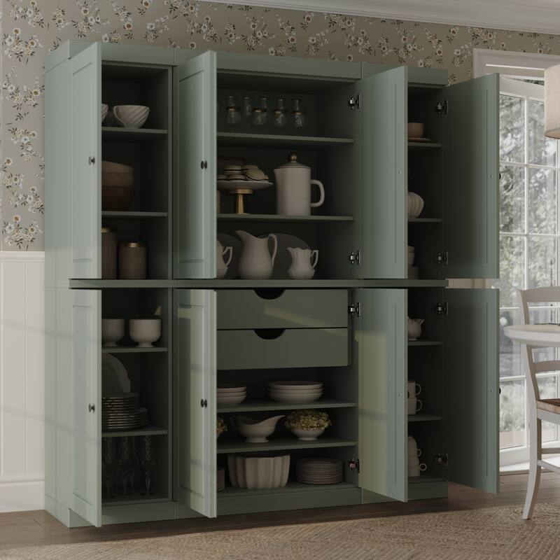Palace Imports 100% Solid Wood Pantry Cabinet, Raised Panel Doors, 2 Drawers, Adjustable Shelves, 65" Wide, 71.5" Tall - Sage