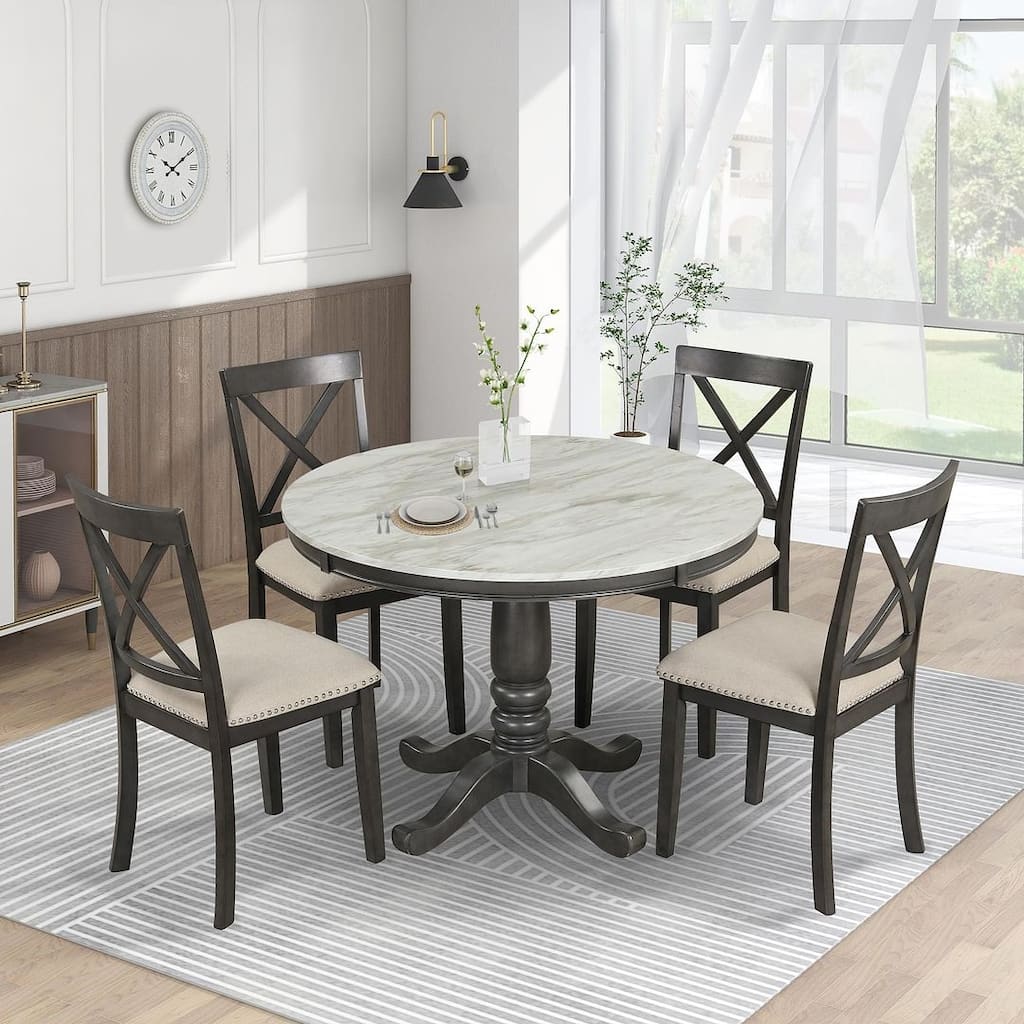 Round Dining Table Set for 4 - 41.7" Faux Marble Round Dining Table with 4 Solid Wood Chairs