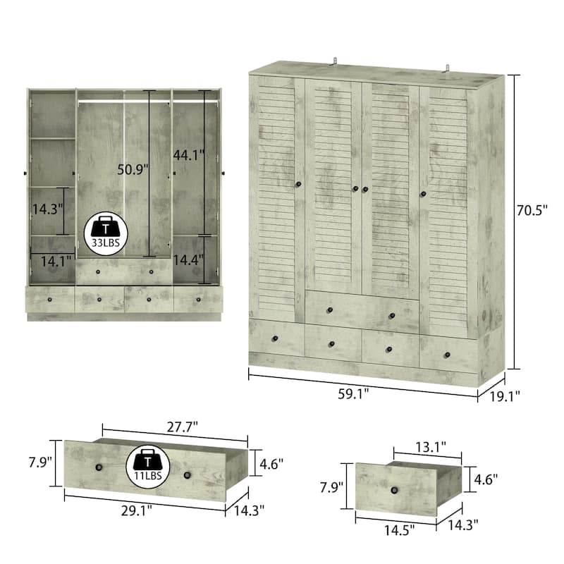 Wardrobe Armoire Closet 59"W Large Freestanding Wardrobe Cabinet White