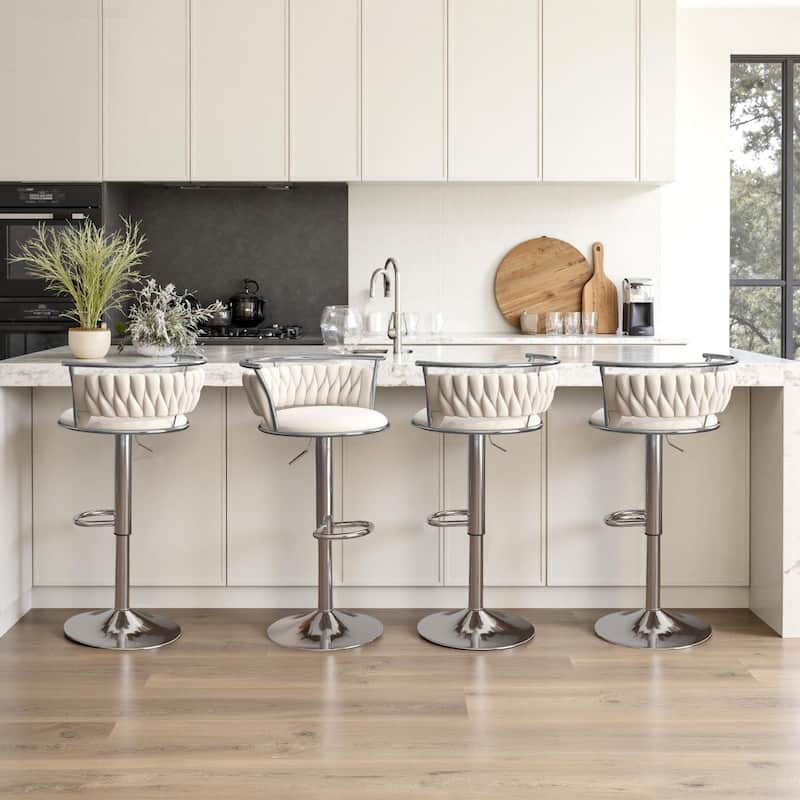 4 Set Modern Velvet Adjustable Swivel Bar Stools with Metal Frame - Silver/Ivory