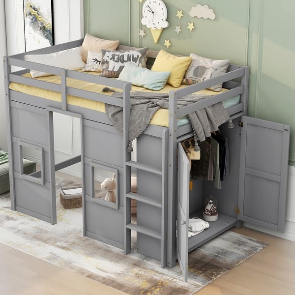 slide 2 of 36, Twin Size Loft Bed with Built-in Storage Wardrobe & 2 Windows, Wooden Bed Frame w/Ladder & Safety Guardrail for Boys & Girls Grey - Twin