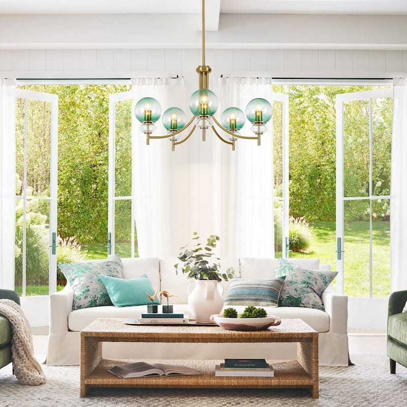 5-Light Mid-Century Modern Luxury Green Sputnik with Open/Bubble Glass Globe Shades Chandelier for Dining Room, Living Room