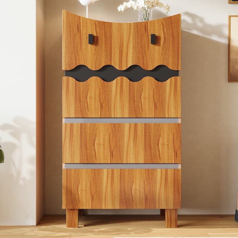 Modern Wave-Front 4-Drawer Dresser with Acrylic Panels, Wood Grain & Black Storage Cabinet Chest Cabinet