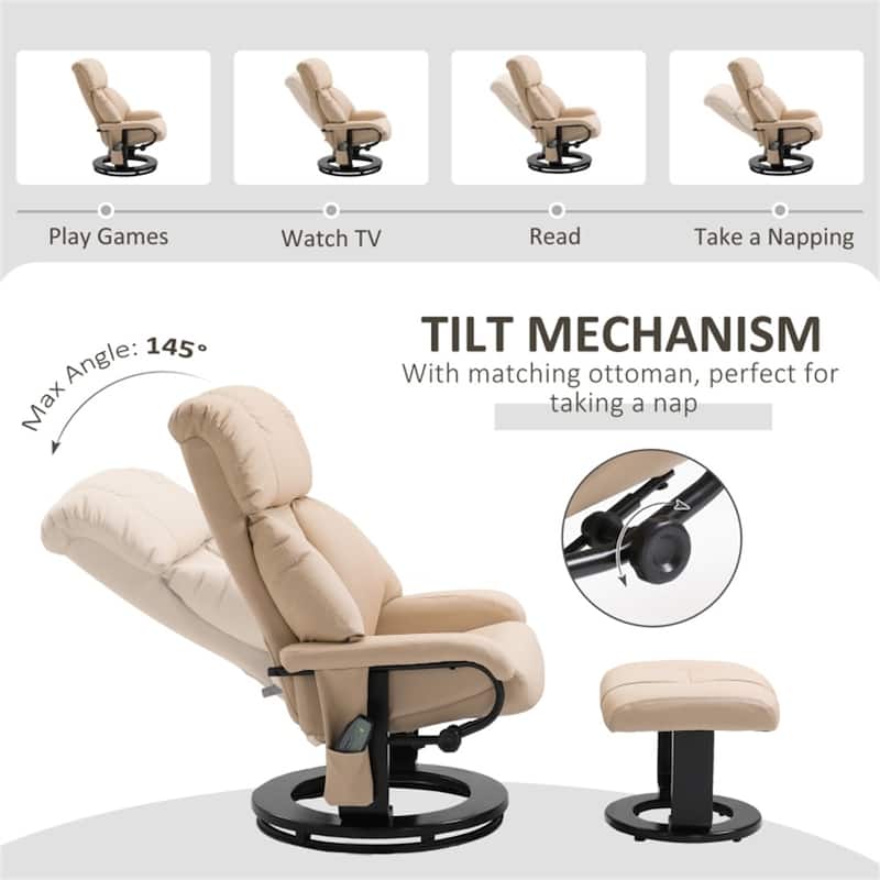 Beige PU Leather Swivel Massage Recliner Chair with Ottoman and 10-Point Vibration Included Remote - 30" W x 31.5" D x 40.25" H