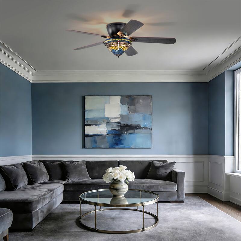 Penana 52-Inch Flushmount Lighted Ceiling Fan Green Blue Dragonfly Tiffany Glass Lamp Black Finish