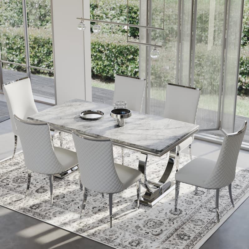 Luxurious Dining Room Table Set with Velvet Dining Chairs - Dining Table and 6 Chairs - Silver and Grey