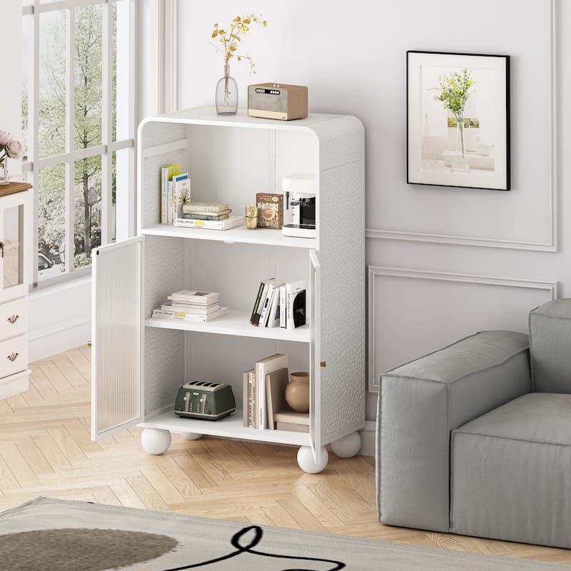 White Iron and Glass Modern Storage Cabinet with Shelves and Cupboard - 27.56” x 13.78” x 45.28”