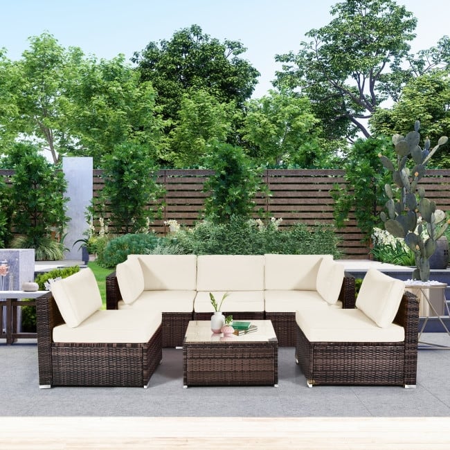 6 Pieces Patio Rattan Furniture Set with Cushions and Glass Coffee Table