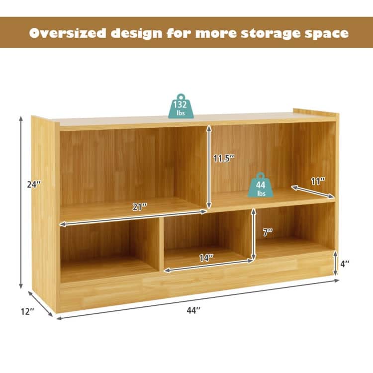 Children's Wooden Toy Storage Cabinet with 2 Shelves and 5 Cubes - 44" x 12" x 24" (L x W x H)