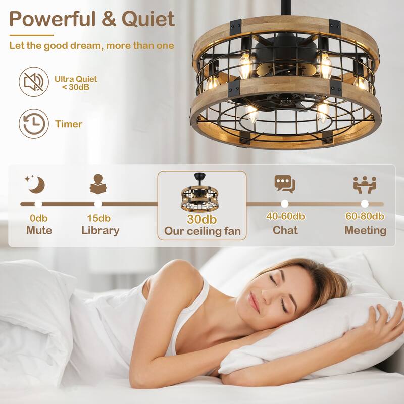 Cusp Barn 18 Inch Caged Ceiling Fan with Remote Control, Rustic Bladeless Ceiling Fan, Enclosed Farmhouse Fandeliers for Bedroom
