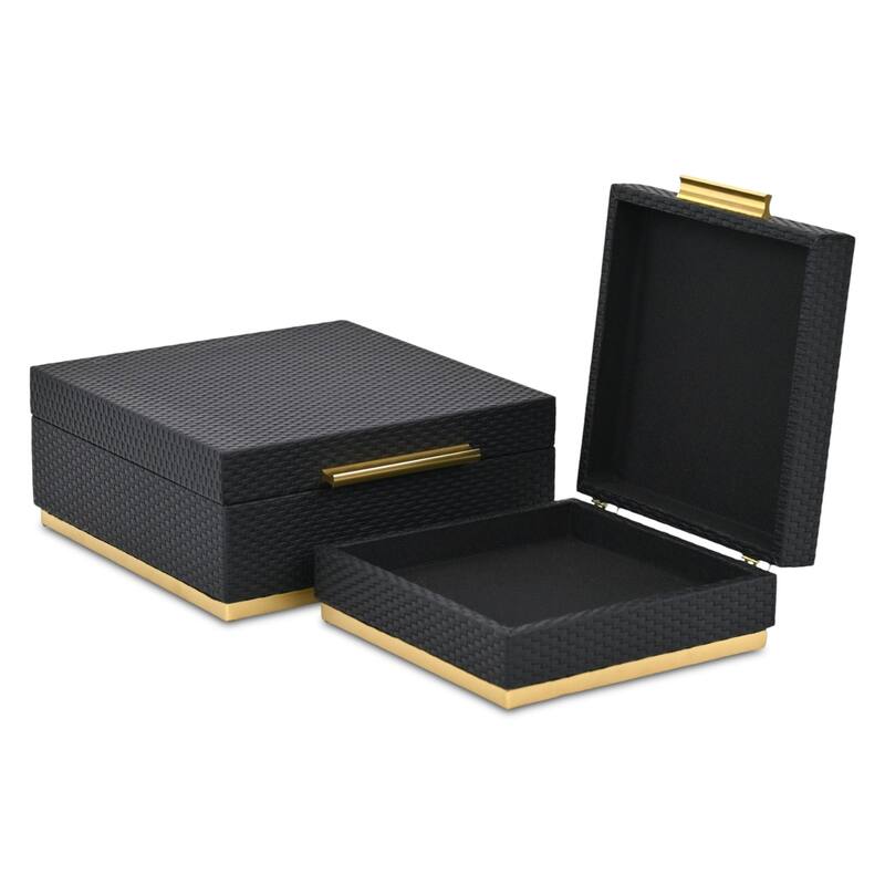 Tamsin Set of 2 Square Decorative Storage Boxes - Wicker Weave Pattern with Gold Hardware