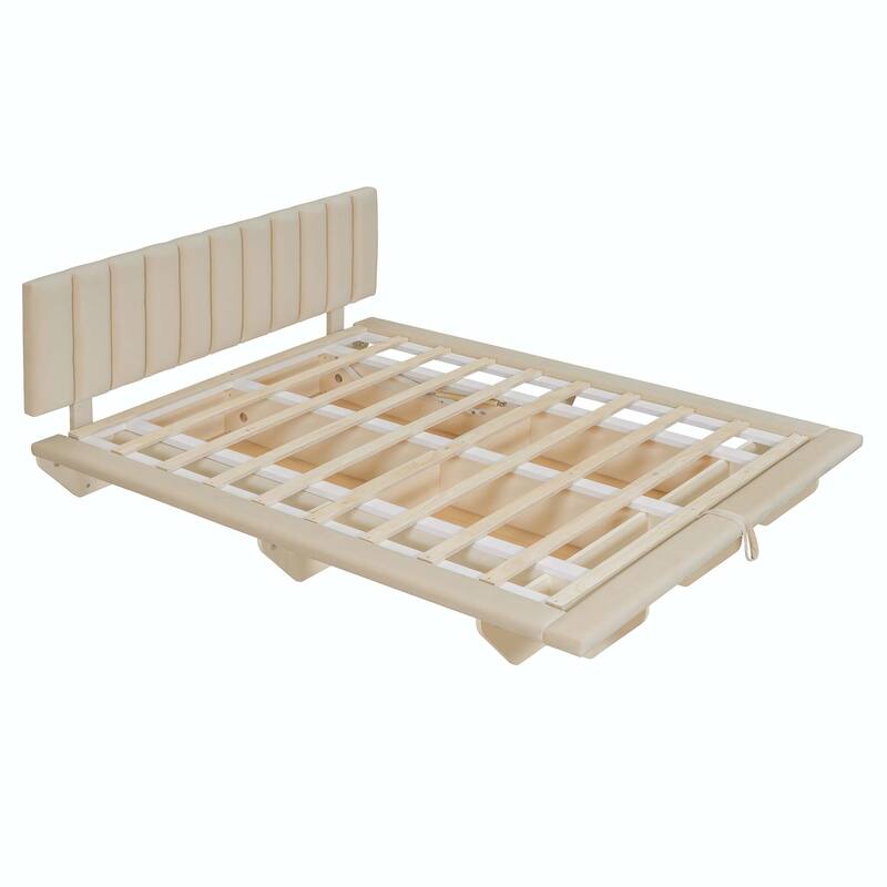 Queen Size Upholstered Floating Bed with LED Light and USB Port