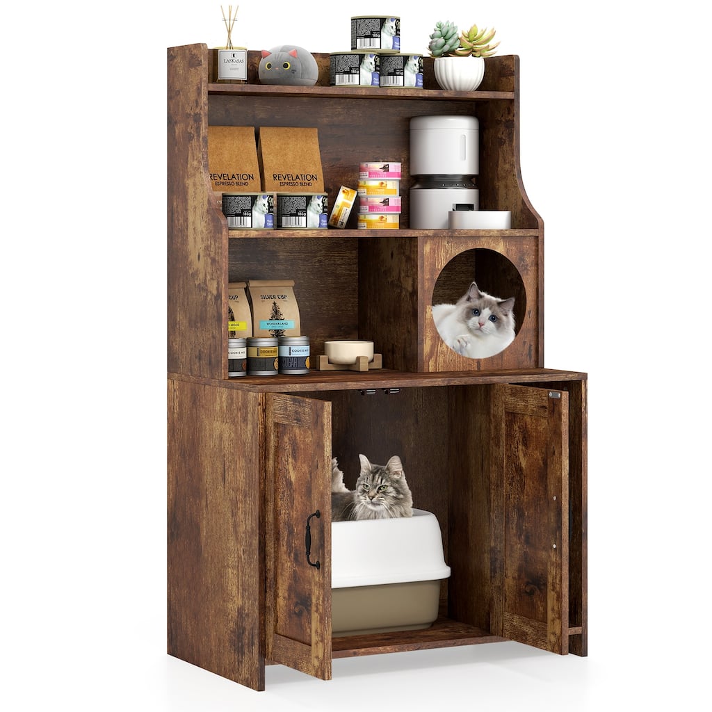 Gymax Large Wooden Cat Litter Box Enclosure w/ Storage Shelves Condo