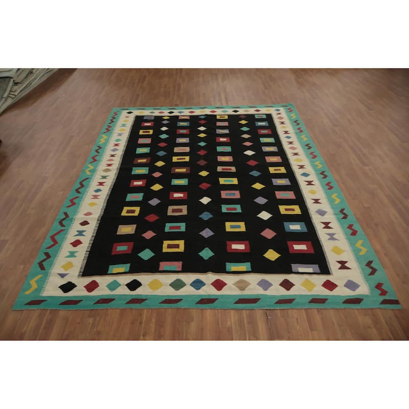 Hand Woven Oriental 100% Wool Carpet Southwestern Tribal Black Kilim Area Rug - 11' 10'' X 8' 11''