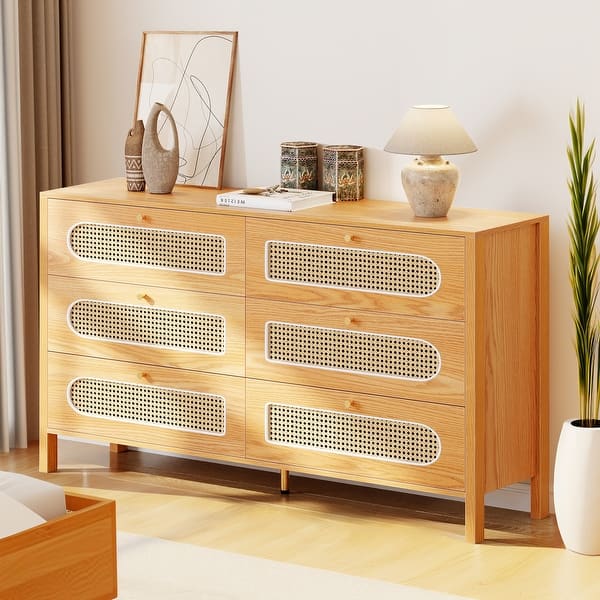 chinese dress ladies Frances Woven Rattan Tall Vanity Dresser with Mirror, Natural main image 0