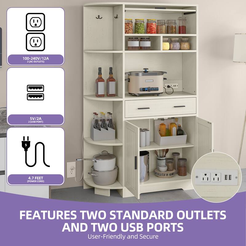 67" Kitchen Pantry Cabinets with Microwave Stand & Charging Station