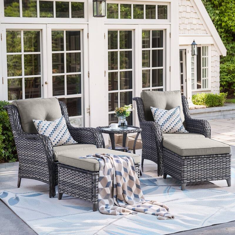 Pocassy 5-Piece Patio Furniture Wicker Chairs with Ottomans & Table - Grey/Grey