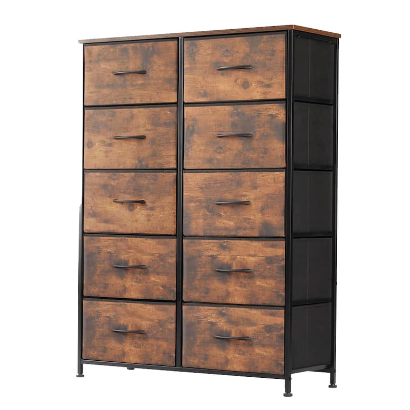 Dresser for Bedroom, 10 Storage Drawers, Anti-Tip Tall Fabric Closet Chests Organizer Tower Furniture Wooden Top Metal Frame