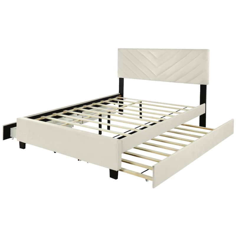 Twill Upholstered Bed with Twin Trundle & Drawers, Queen Size, Beige