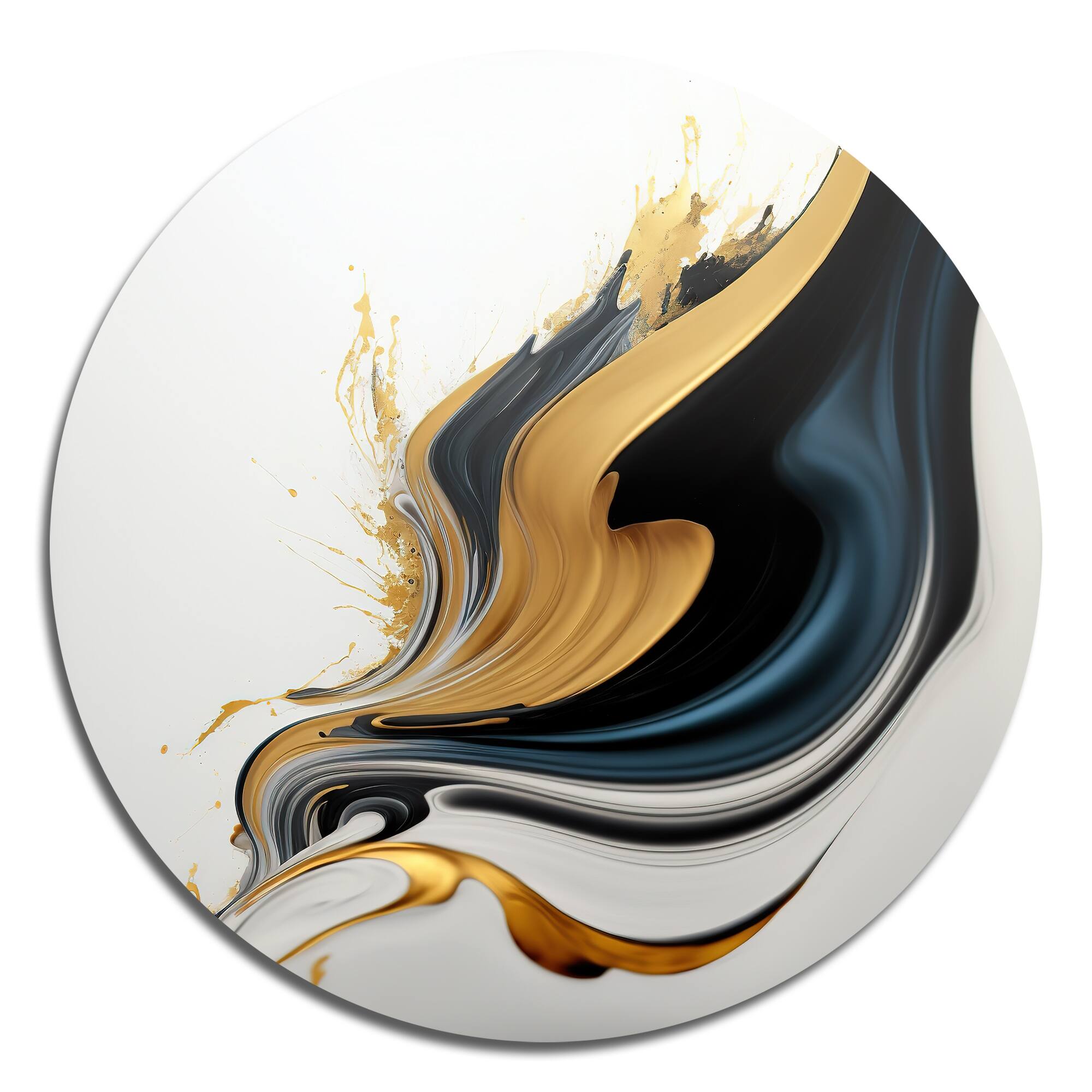 Designart 'Black, White And Gold Liquid Art III' Modern Metal Round