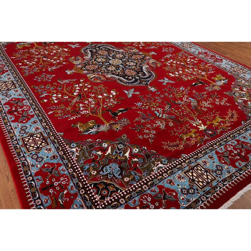Animals Red Pictorial Kashan Turkish Area Rug Machine Made Carpet - 9'7" x 13'1"