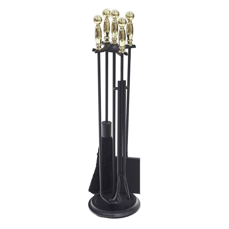 Achla Designs Chelmsford Fireplace Set of 4 Tools, 30.25 Inch Tall, Antique Brass and Black - Polished Brass and Black