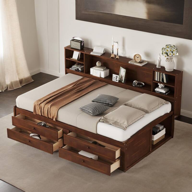 Full Size Wooden Captain Bed with Built-in Storage Shelves, 4 Drawers and 2 Cabinets, Antique Brown