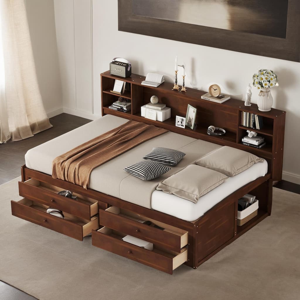 Full Size Wooden Captain Bed with Built-in Storage Shelves, 4 Drawers and 2 Cabinets, Antique Brown