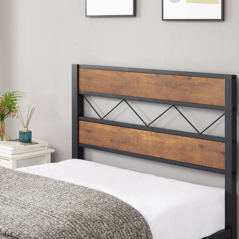 Metal Bed Frame with Brown Wooden Headboard, No Box Spring Needed