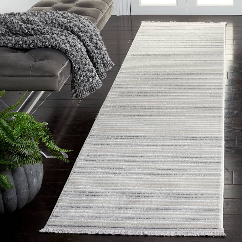 SAFAVIEH Whisper Janie Contemporary Stripe Fringe Rug - 2'2" x 8' Runner - Light Grey/Ivory