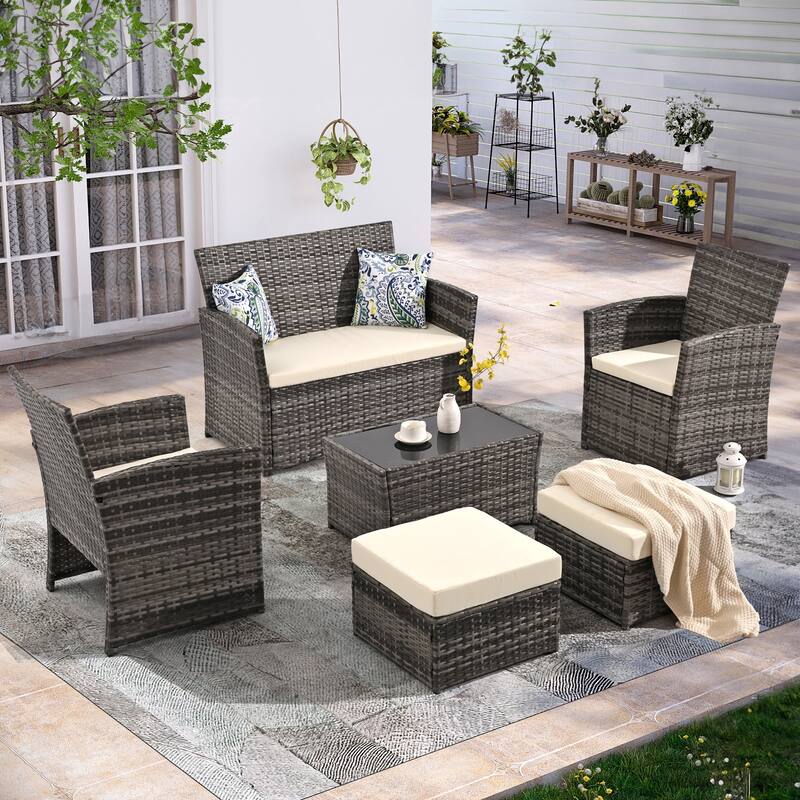 6-Piece Wicker Outdoor Sofa Set, 1 Loveseats, 2 Chairs, 2 Ottomans and 1 Table - Gray/Beige
