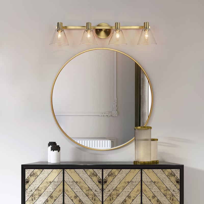Veniya 4-light Modern Glam Gold Bathroom Vanity Light with Seeded Glass LED Dimmable Wall Sconce