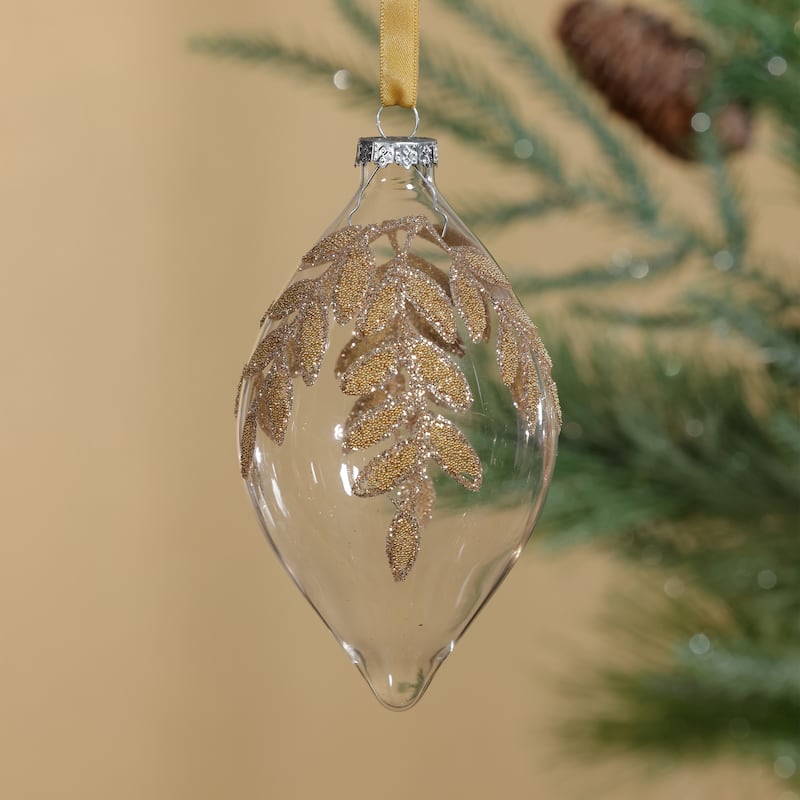 Glass Ornaments with Gold Beaded Leaf Design, Set of 6