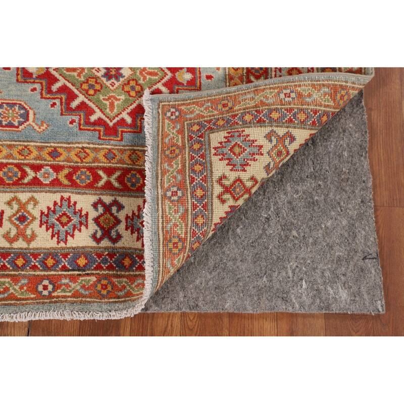 Geometric Kazak Accent Rug Handmade Blue Wool Carpet - 3'5" x 4'10"